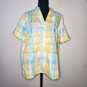 Alfred Dunner Women's Green Yellow Floral Short Sleeve Button Up Shirt  Sz Med